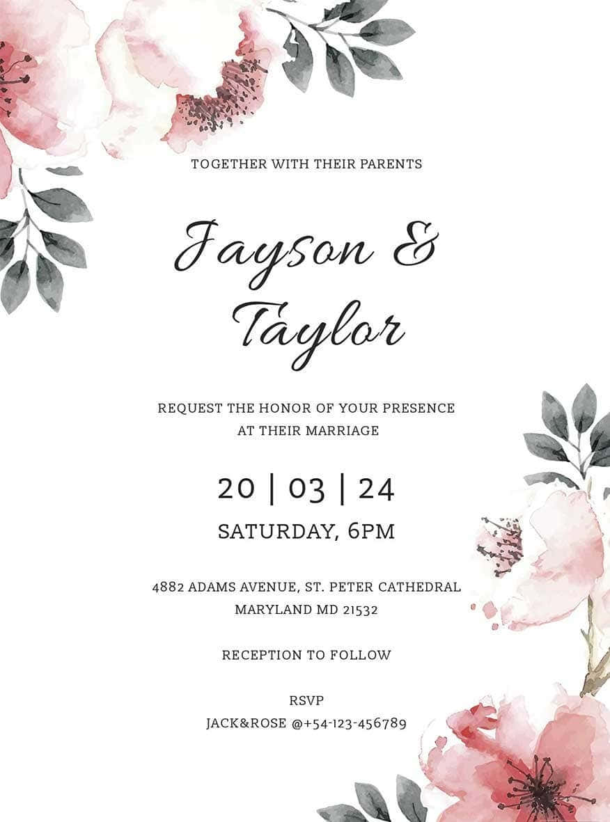 Invitation 桌布 壁紙 — 優雅的婚禮邀請函，帶有粉紅色水彩花卉和黑色手寫文字，白色背景。