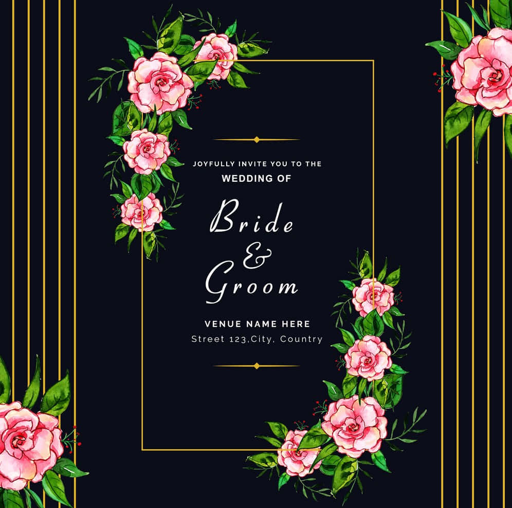 Wedding Card 桌布 壁紙 — 優雅的婚禮邀請函，深色背景上帶有粉紅玫瑰和金色條紋。