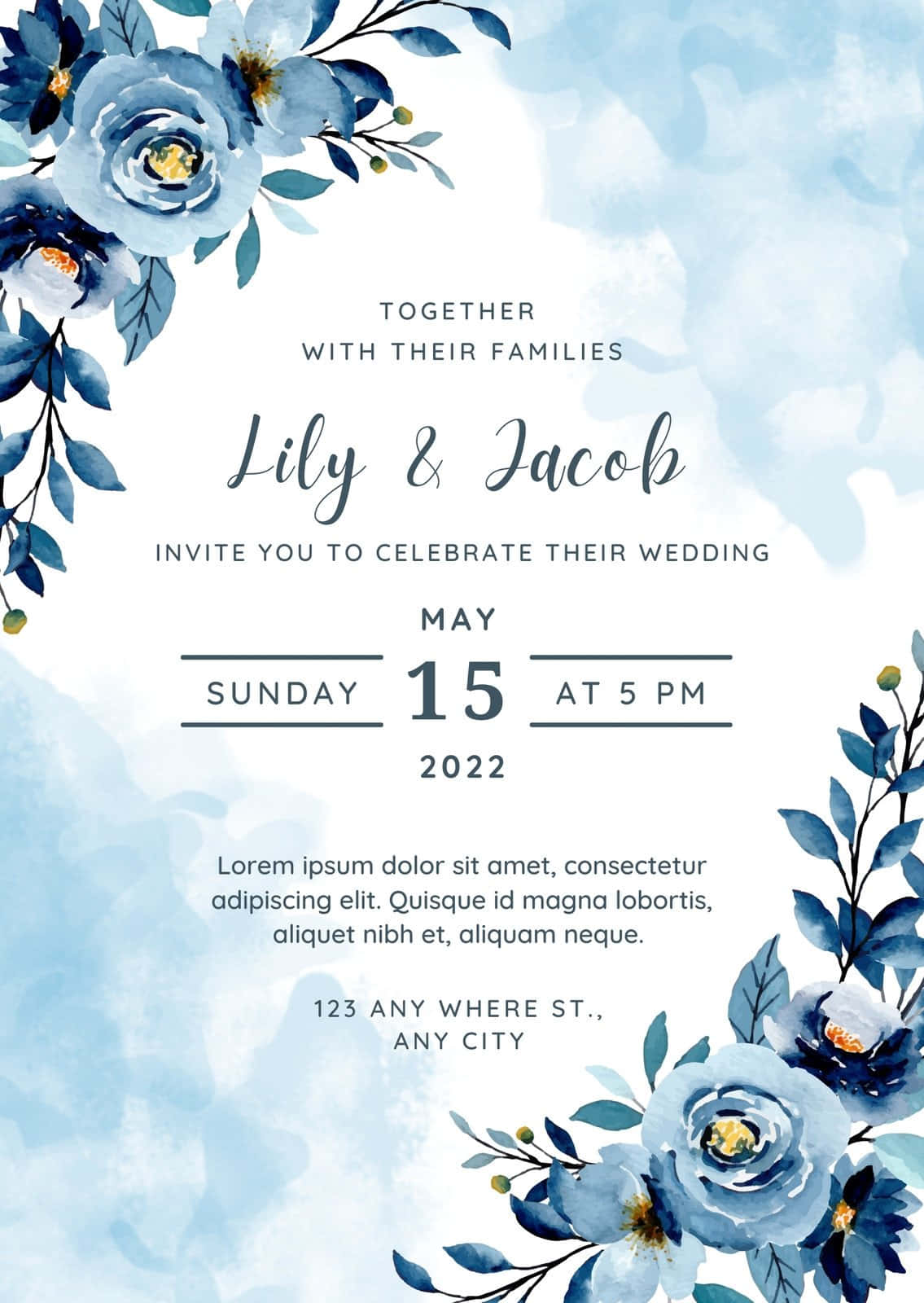 Wedding Card 桌布 壁紙 — 優雅的婚禮邀請函，藍色水彩花卉圍繞文字，背景是柔和的天藍色。