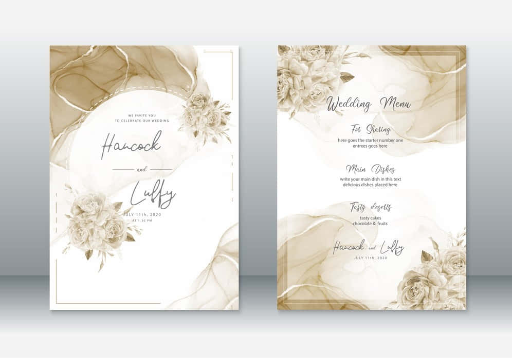 Invitation 桌布 壁紙 — 優雅的婚禮邀請函和菜單卡，白色背景上帶有米色花卉水彩漩渦和金色字體。