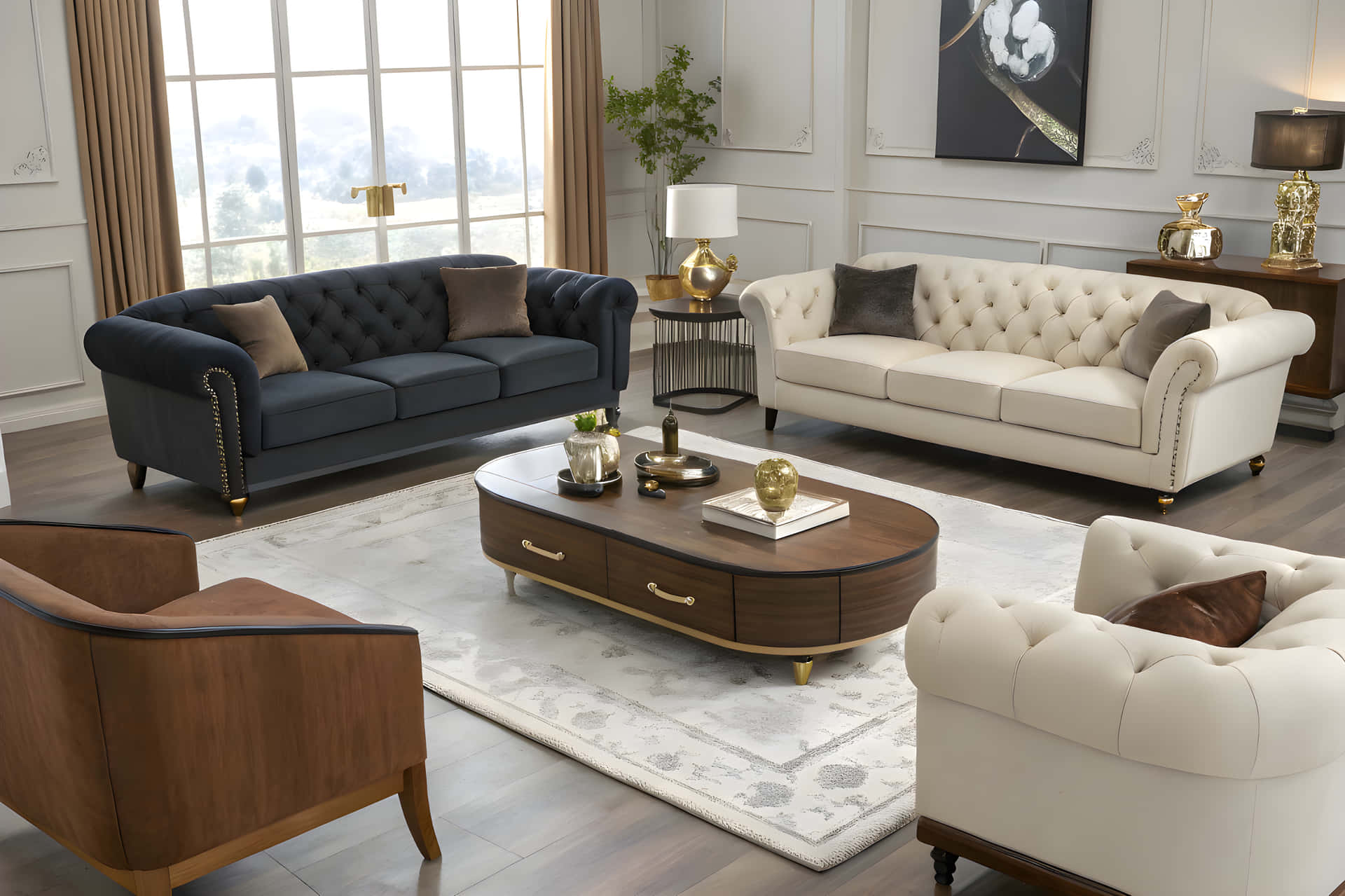 Beautiful furniture designs model 壁紙 — 優雅的客廳，配有海軍藍和奶油色簇絨沙發、木咖啡桌和大窗戶，可欣賞綠意。