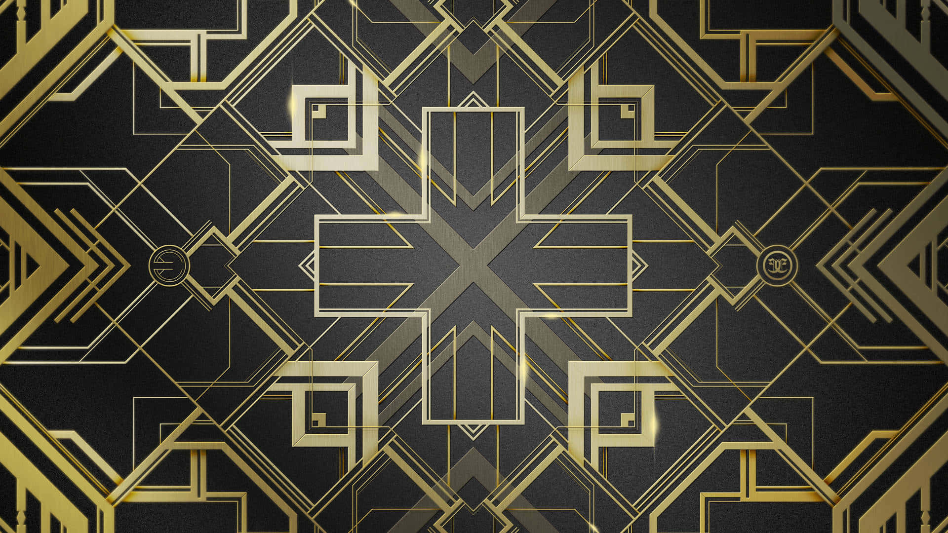 Art Deco iPhone 桌布 壁紙 — 優雅的幾何金色圖案從中央十字架向深黑色背景輻射。