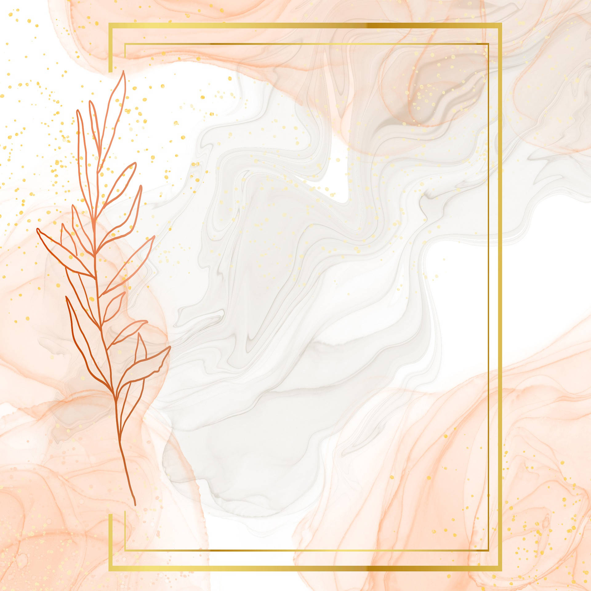 Marble Desktop 桌布 壁紙 — 優雅的抽象大理石背景，帶有蜜桃漩渦、金色邊框和簡約線條藝術葉子。