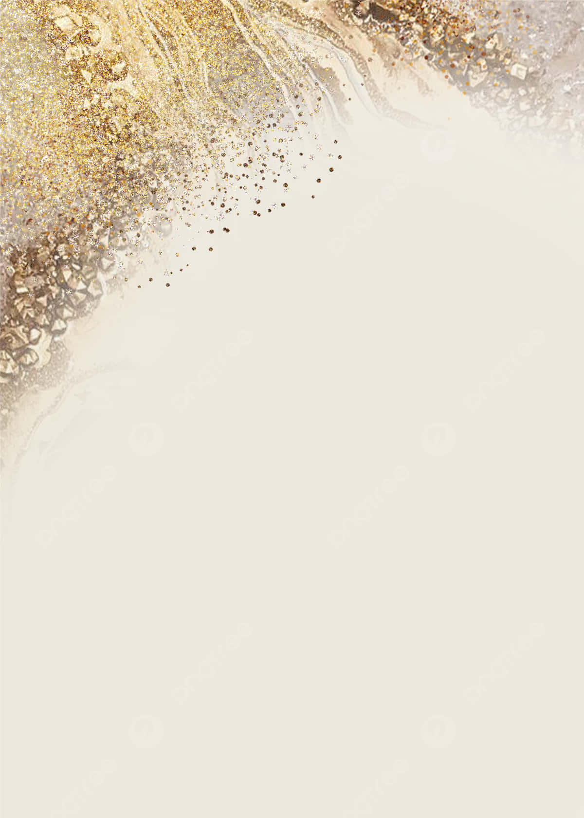 Elegant Gold 桌布 壁紙 — 優雅的抽象背景，閃爍的金色閃粉和銀色漩渦從左上角傾瀉在奶油色米色畫布上。