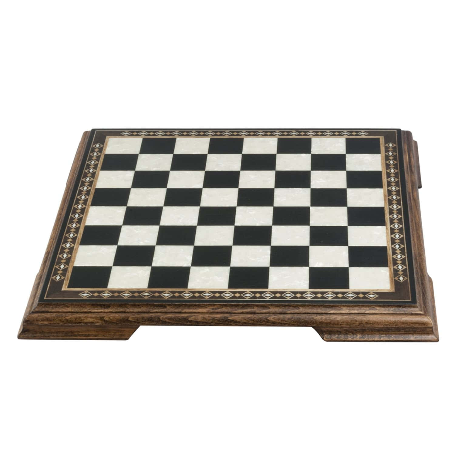 Chessboard 桌布 壁紙 — 優雅的木製國際象棋棋盤，帶有黑白棋盤格和裝飾性鑲嵌邊框。