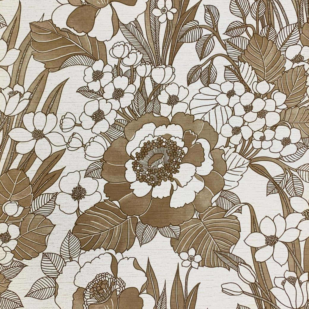 Flower Drawing 桌布 壁紙 — 優雅的棕色和奶油色花卉壁紙，帶有複雜的線條藝術和層疊的花朵，背景有紋理。