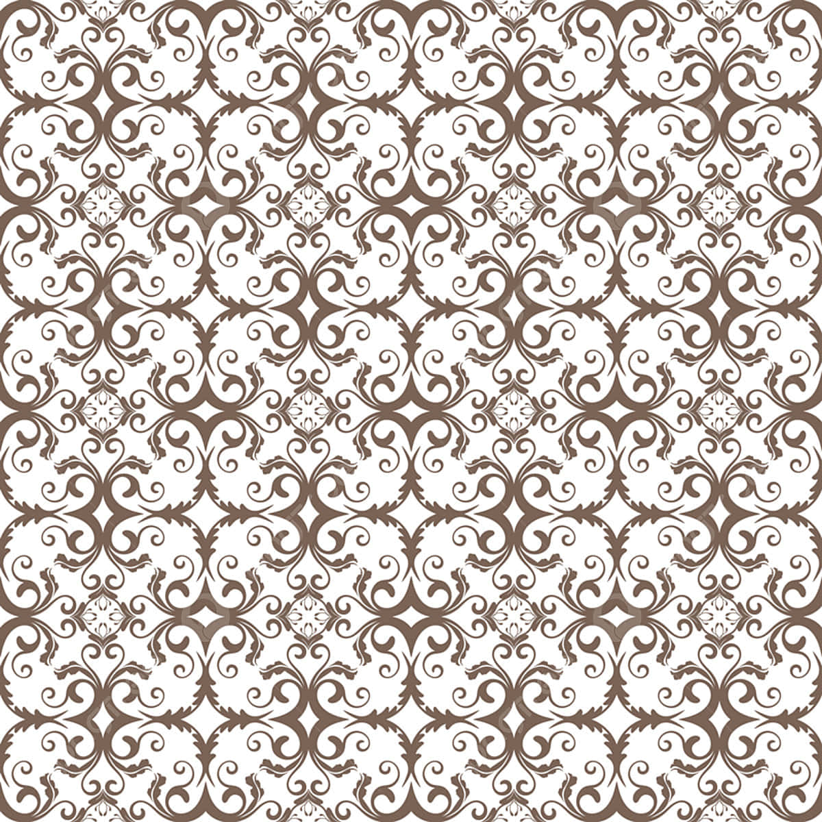 Floral Pattern 桌布 壁紙 — 優雅的棕色大馬士革圖案，在純白背景上飾有旋轉藤蔓和花卉圖案。