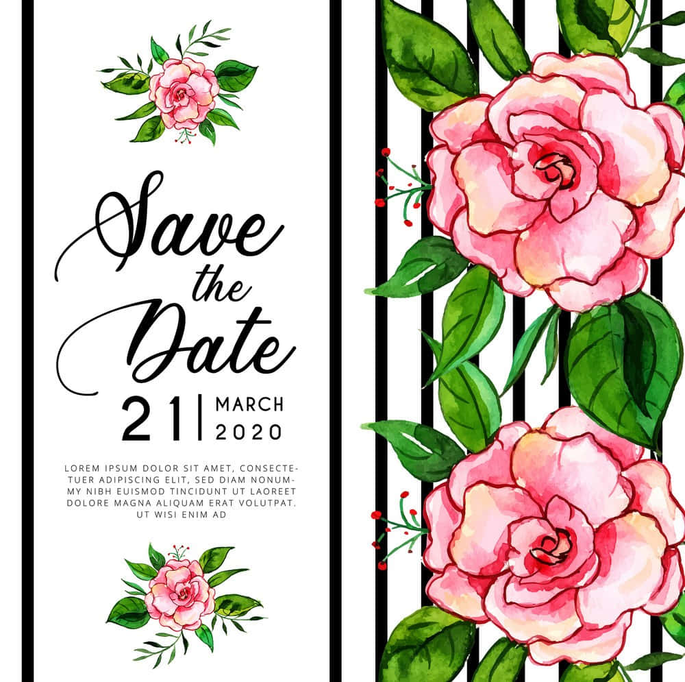Wedding Card 桌布 壁紙 — 優雅的水彩保存日期卡，配有粉紅玫瑰、綠葉和黑色條紋。