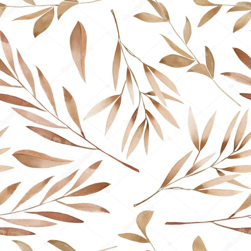 Brown Leaves 桌布 壁紙 — 優雅的水彩樹枝，帶有金棕色葉子，在純白背景上優雅飄浮。