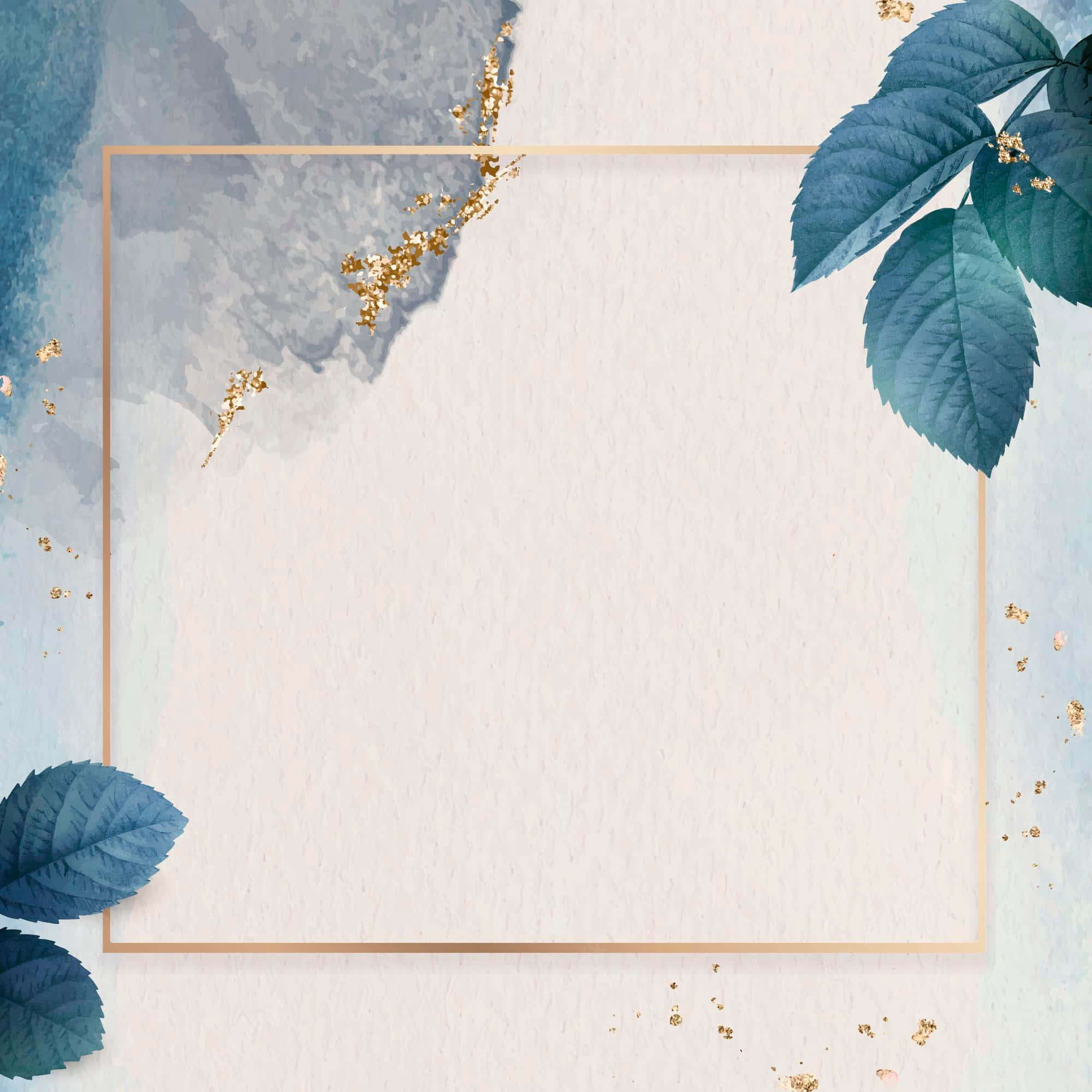 card 桌布 壁紙 — 優雅的水彩背景，以青綠色葉片和金色亮粉點綴，圍繞中央米色空間。