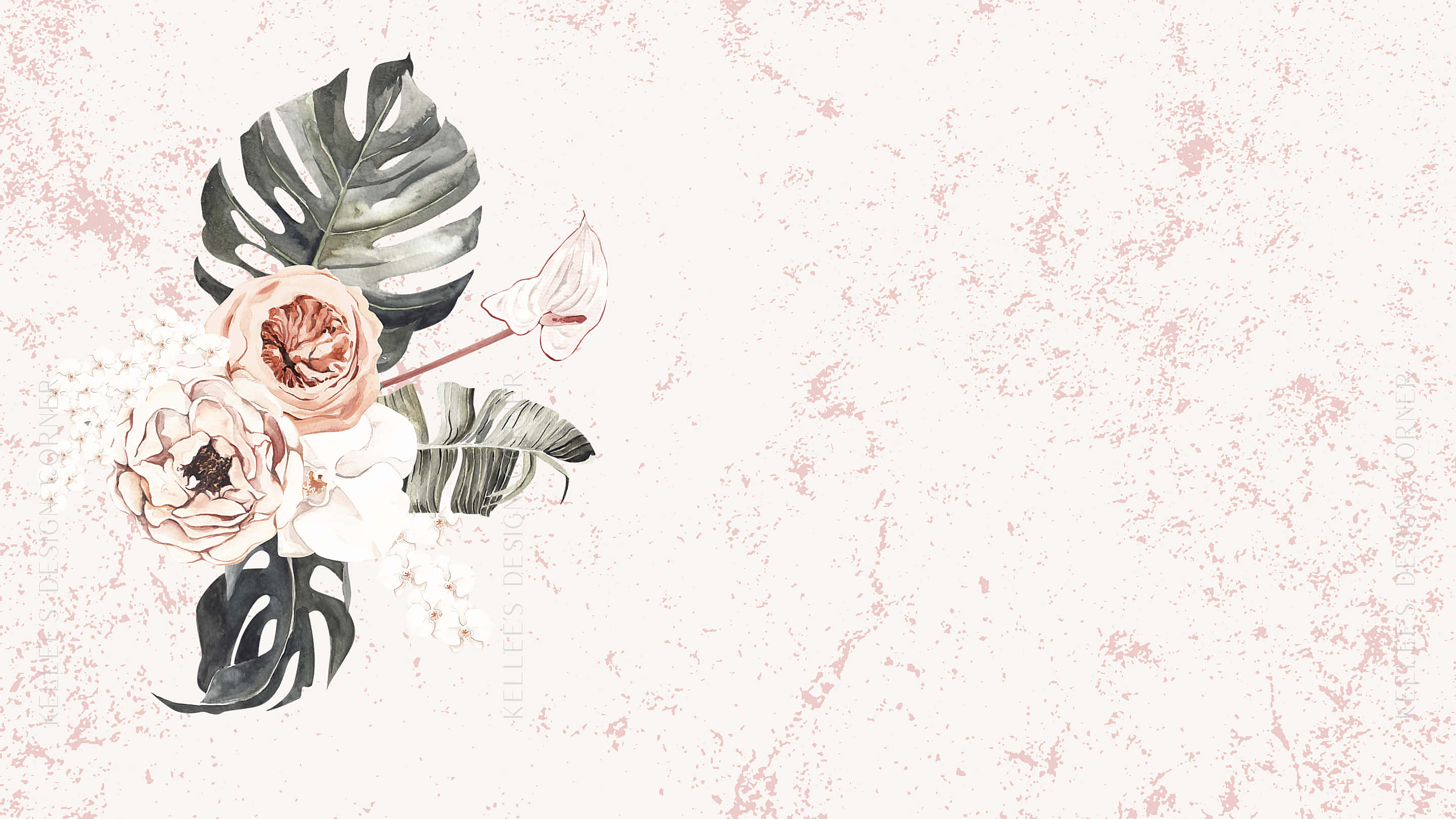 Elegant Aesthetic 桌布 壁紙 — 優雅的水彩花卉佈置，以粉紅牡丹和龜背竹葉點綴在柔軟紋理的淡粉紅背景上。
