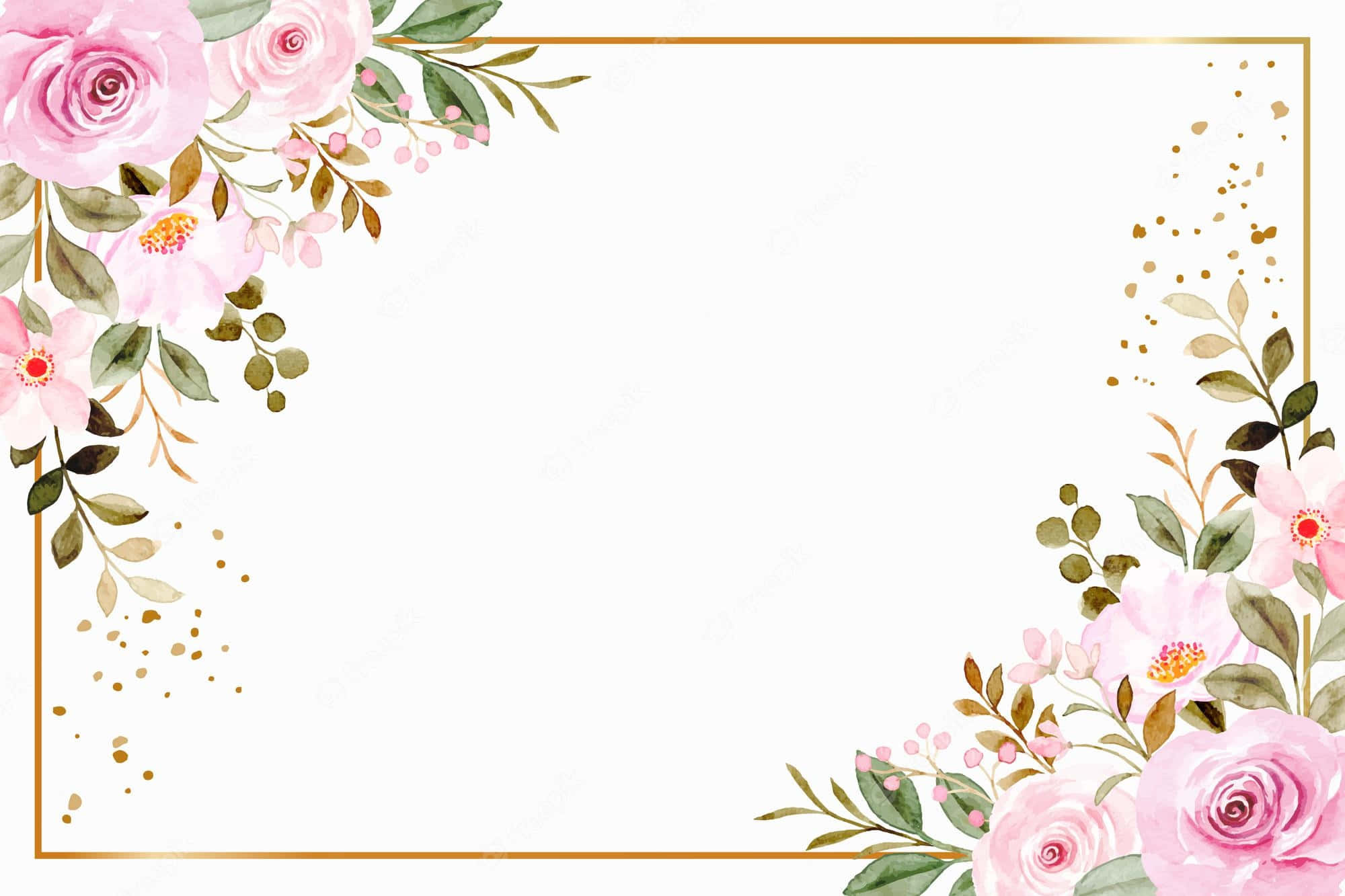 Flower Design 桌布 壁紙 — 優雅的水彩花卉邊框，以粉紅玫瑰和綠葉為主，並以金色點綴在潔白背景上。