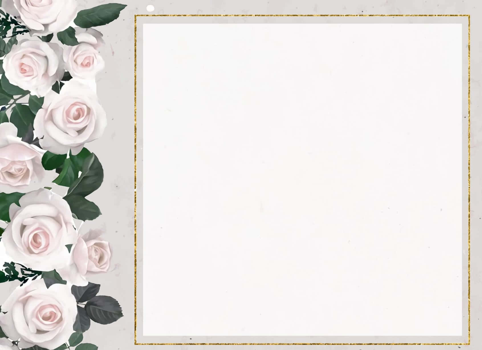 White Rose 桌布 壁紙 — 優雅的淡粉紅玫瑰與茂盛的綠葉，在精緻的金色邊框內框出一個空白的白色空間。