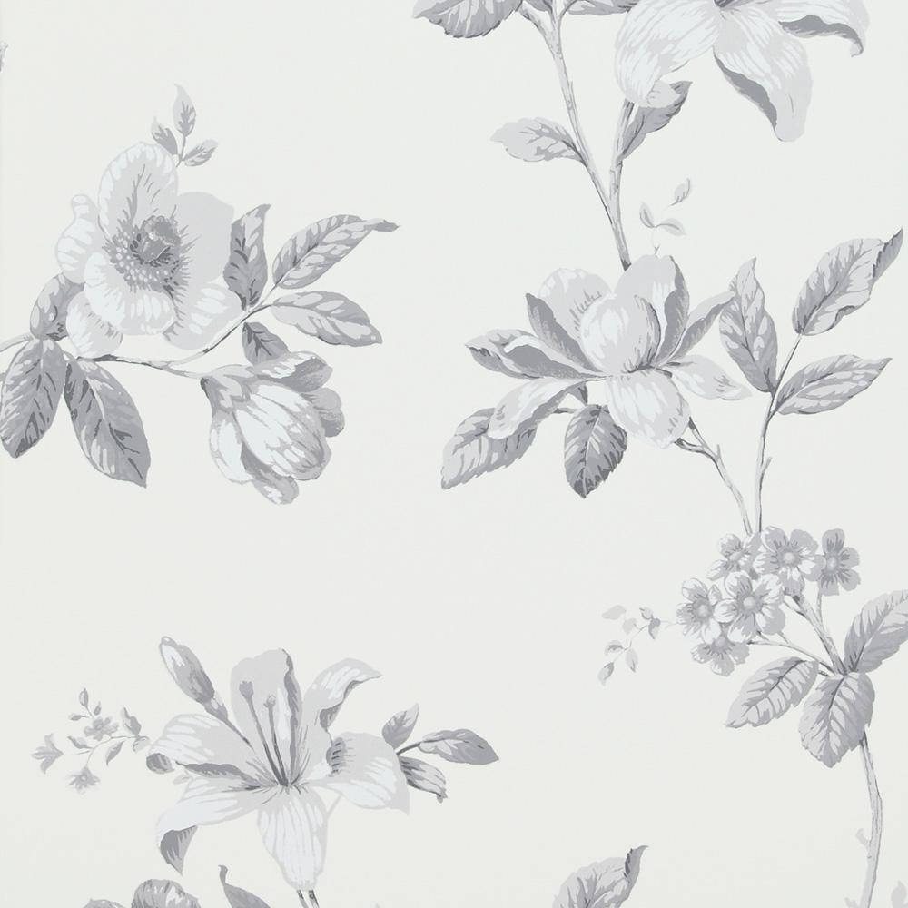 花卉 桌布 壁紙 — 優雅的灰階花卉壁紙，以木蘭百合和精緻花朵點綴在柔和的米白色背景上。