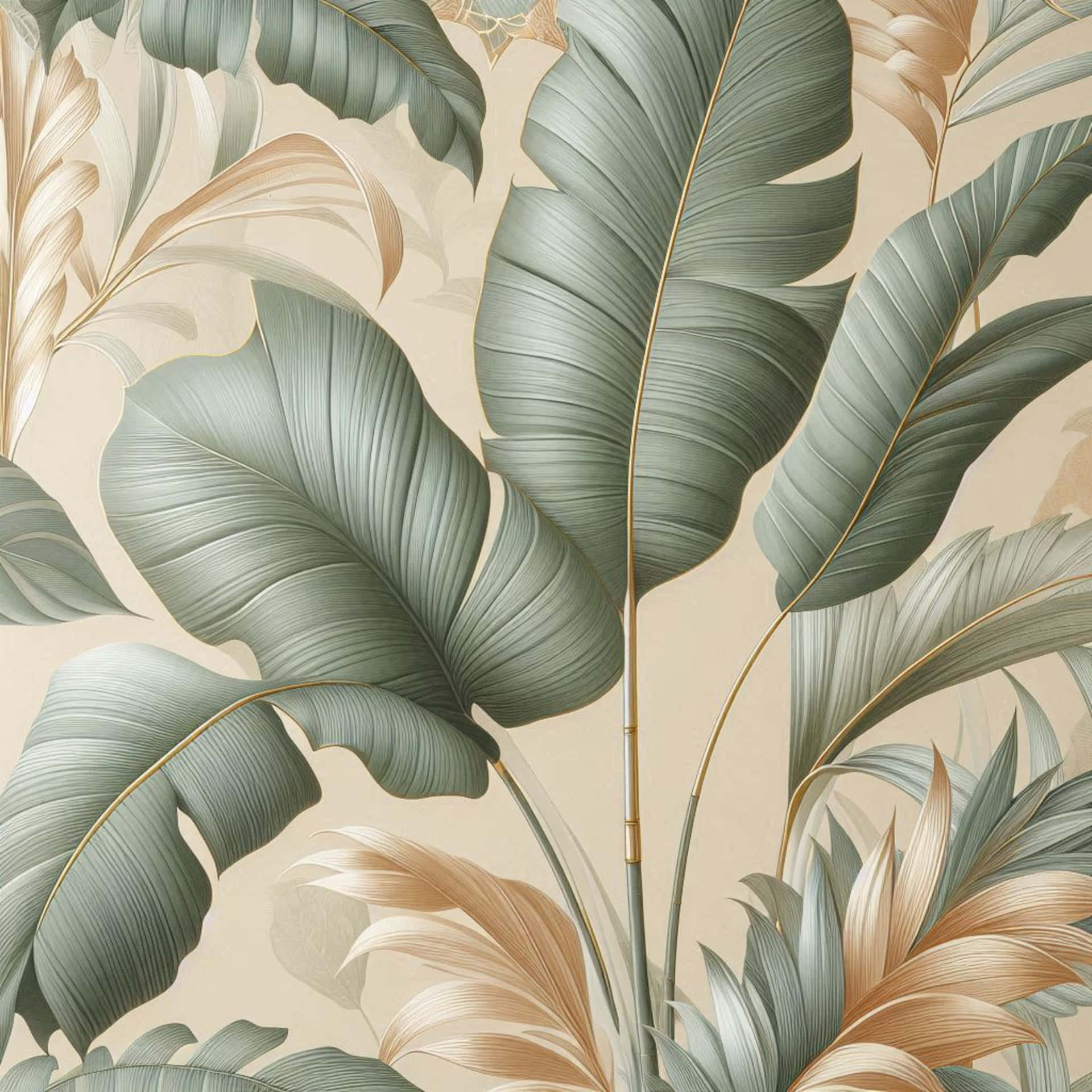 Large exotic leaves with green tones 壁紙 — 優雅的熱帶葉片以柔和的綠色和金色色調，在柔軟的米色背景上優雅地飄浮。