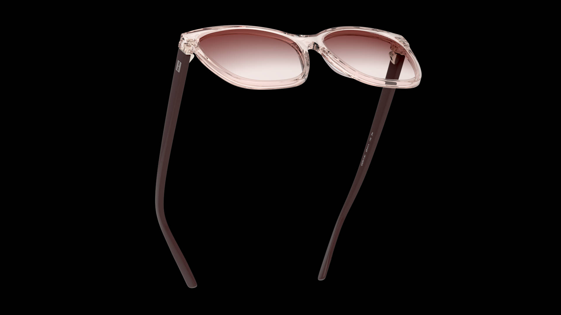 Sunglasses 桌布 壁紙 — 優雅的玫瑰色太陽眼鏡，配有半透明鏡框和深色鏡臂，在純黑色背景上孤立展示。