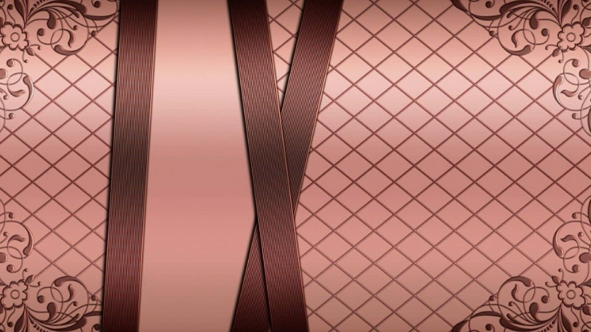 Rose Gold Desktop 桌布 壁紙 — 優雅的玫瑰金壁紙，帶有鑽石格紋圖案和華麗花卉角落，並以交叉絲帶點綴。