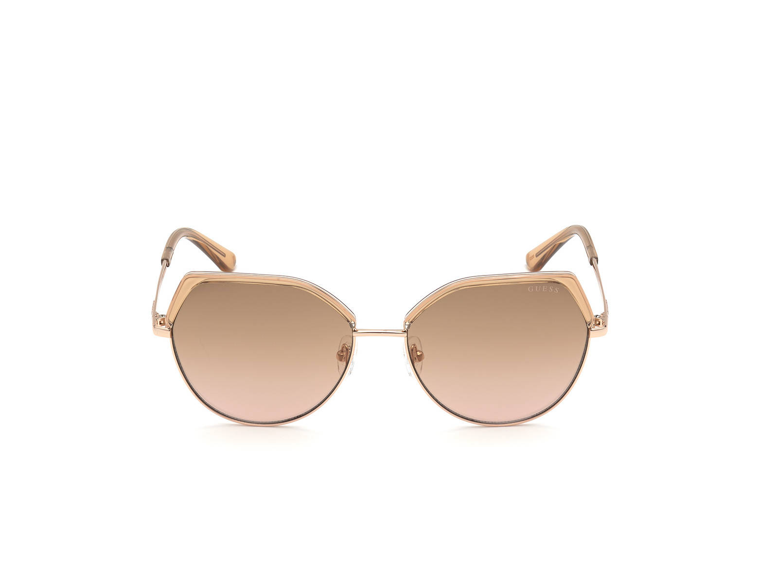 Sunglasses 桌布 壁紙 — 優雅的玫瑰金太陽眼鏡，採用幾何框架和漸變鏡片，在潔白背景上展示。