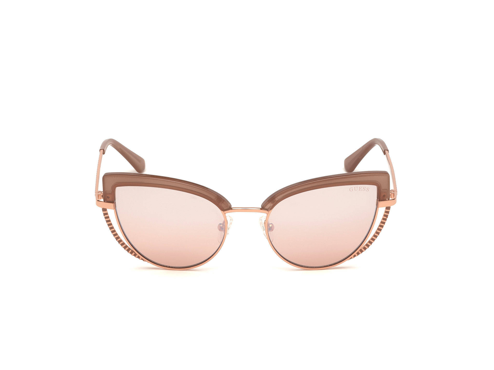 Sunglasses 桌布 壁紙 — 優雅的玫瑰金貓眼太陽眼鏡，搭配粉紅色鏡面鏡片和紋理鏡臂，背景為純白色。