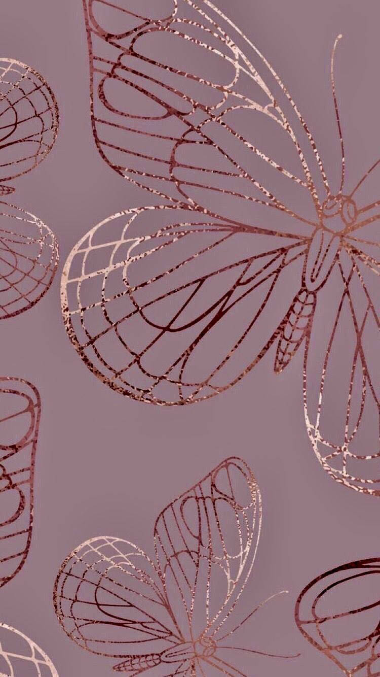 Butterflies 桌布 壁紙 — 優雅的玫瑰金輪廓蝴蝶在柔和的紫灰色背景上優雅地飄浮。