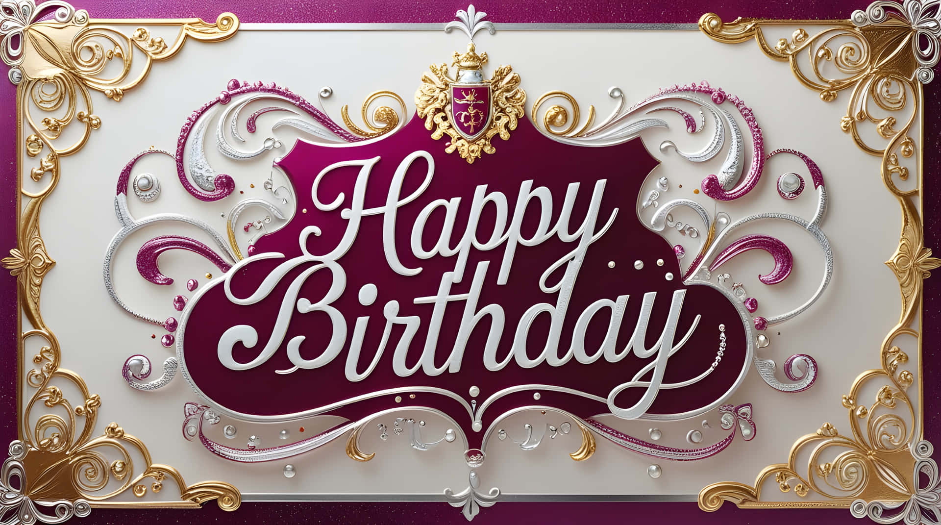 Beautiful birthday card 壁紙 — 優雅的生日祝福，以白色草書寫成的「Happy Birthday」，襯托深紫色背景，並以華麗的金色和銀色漩渦紋裝飾。