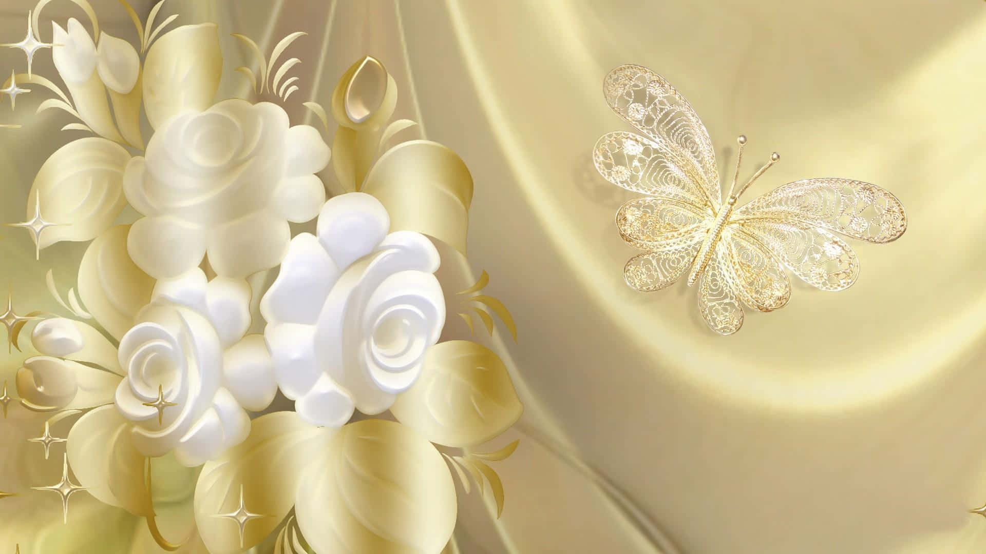Elegant Gold 桌布 壁紙 — 優雅的白玫瑰和一隻精緻的金色蝴蝶，放置在帶有閃亮裝飾的豪華金色緞面背景上。