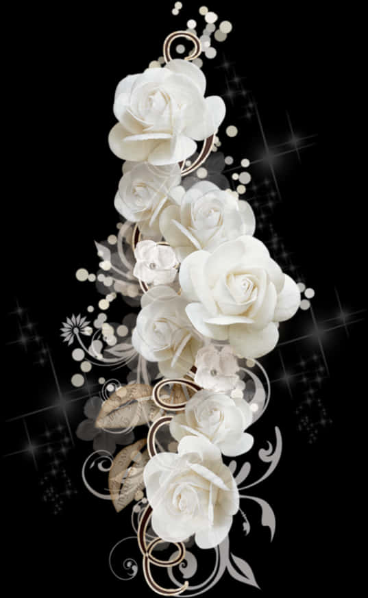 White Flowers 桌布 壁紙 — 優雅的白玫瑰垂直層疊，襯托著飾有閃爍星星和華麗漩渦的黑色背景。