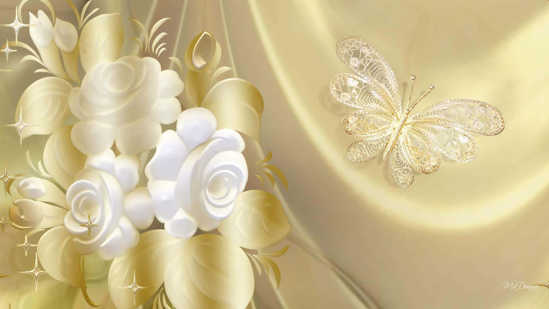 Gold And White 桌布 壁紙 — 優雅的白玫瑰與金色鏤空蝴蝶，在柔軟的奶油色緞面背景上閃爍著光芒。