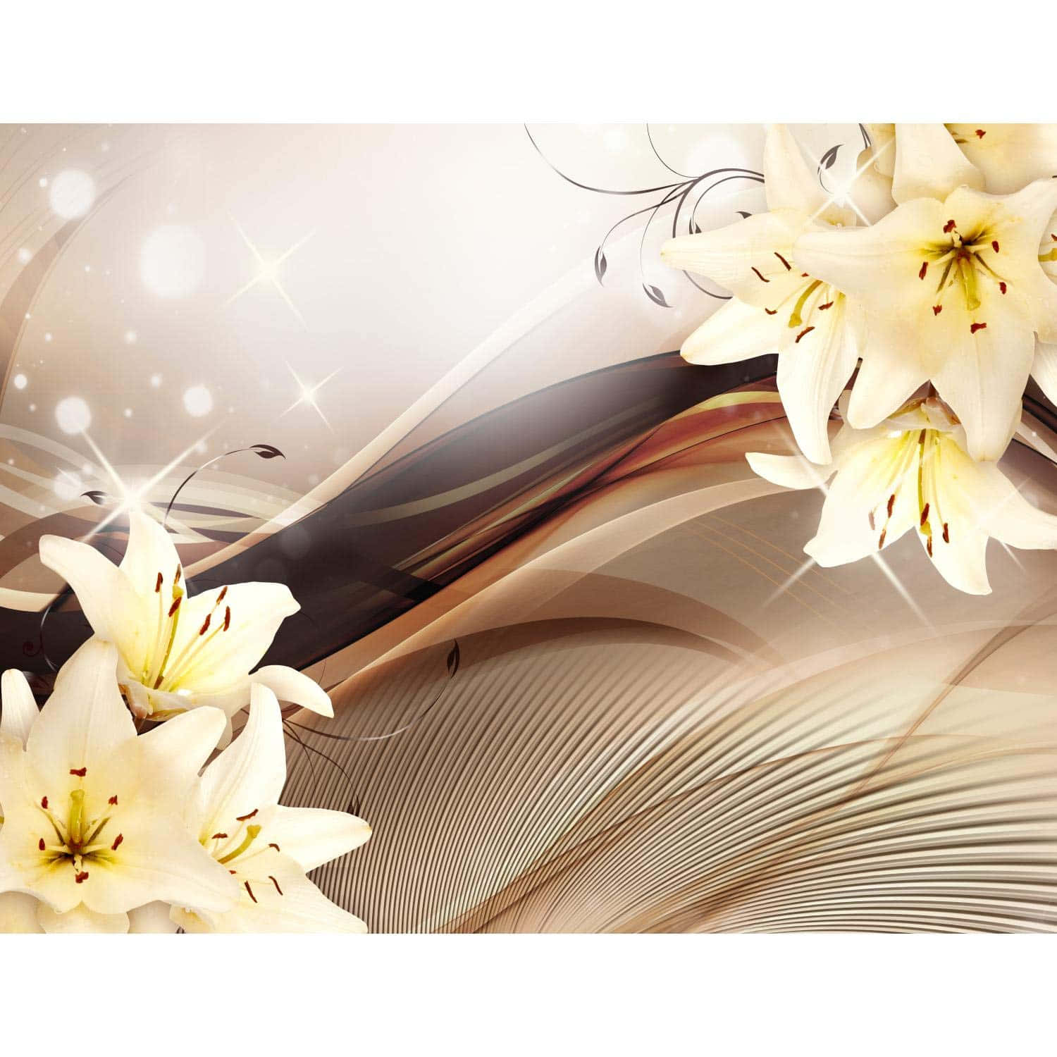 白色 桌布 壁紙 — 優雅的白百合在流動的米色和金色抽象漩渦中綻放，帶有閃爍的光效。