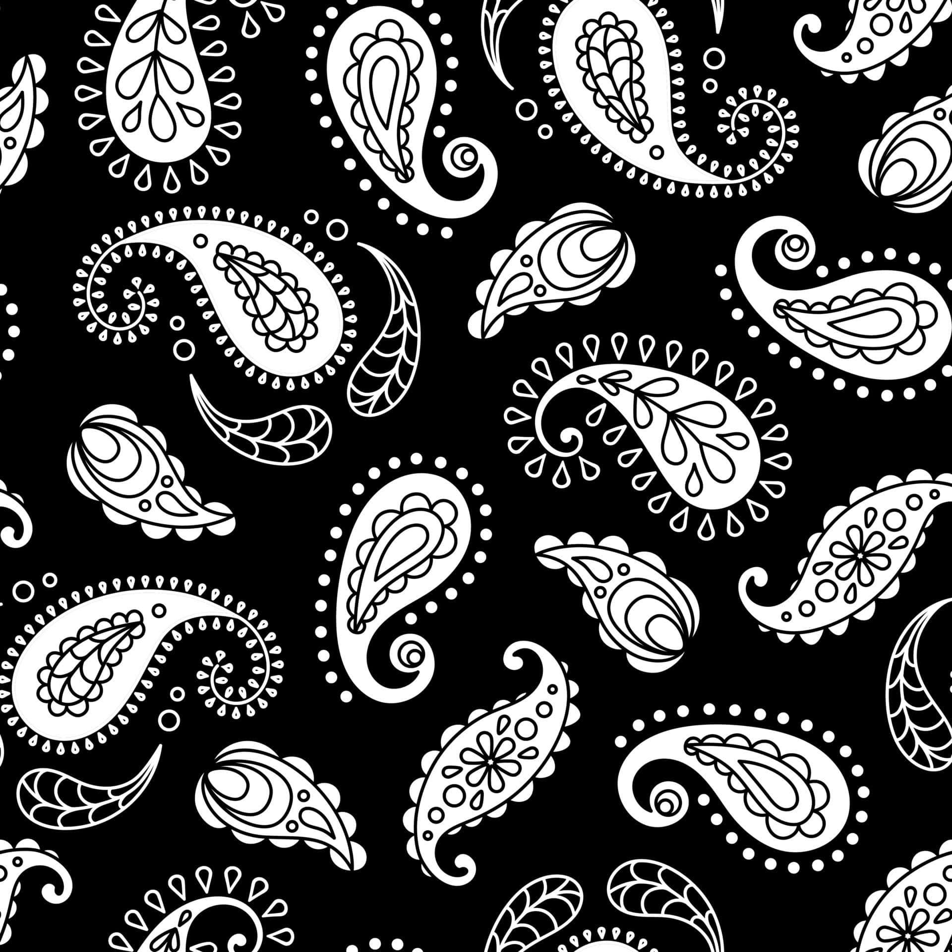 bandana 桌布 壁紙 — 優雅的白色佩斯利圖案在純黑背景上無縫重複旋轉。