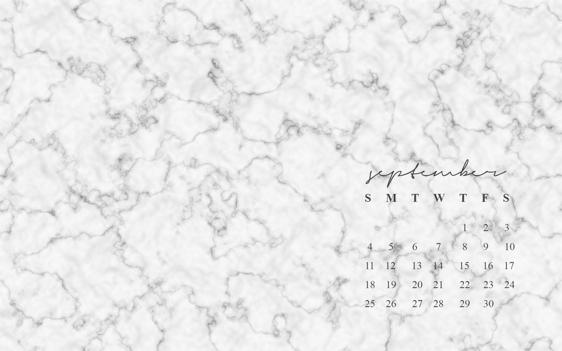 Aesthetic Marble 桌布 壁紙 — 優雅的白色大理石九月日曆，帶有細膩的灰色紋理和極簡字體。