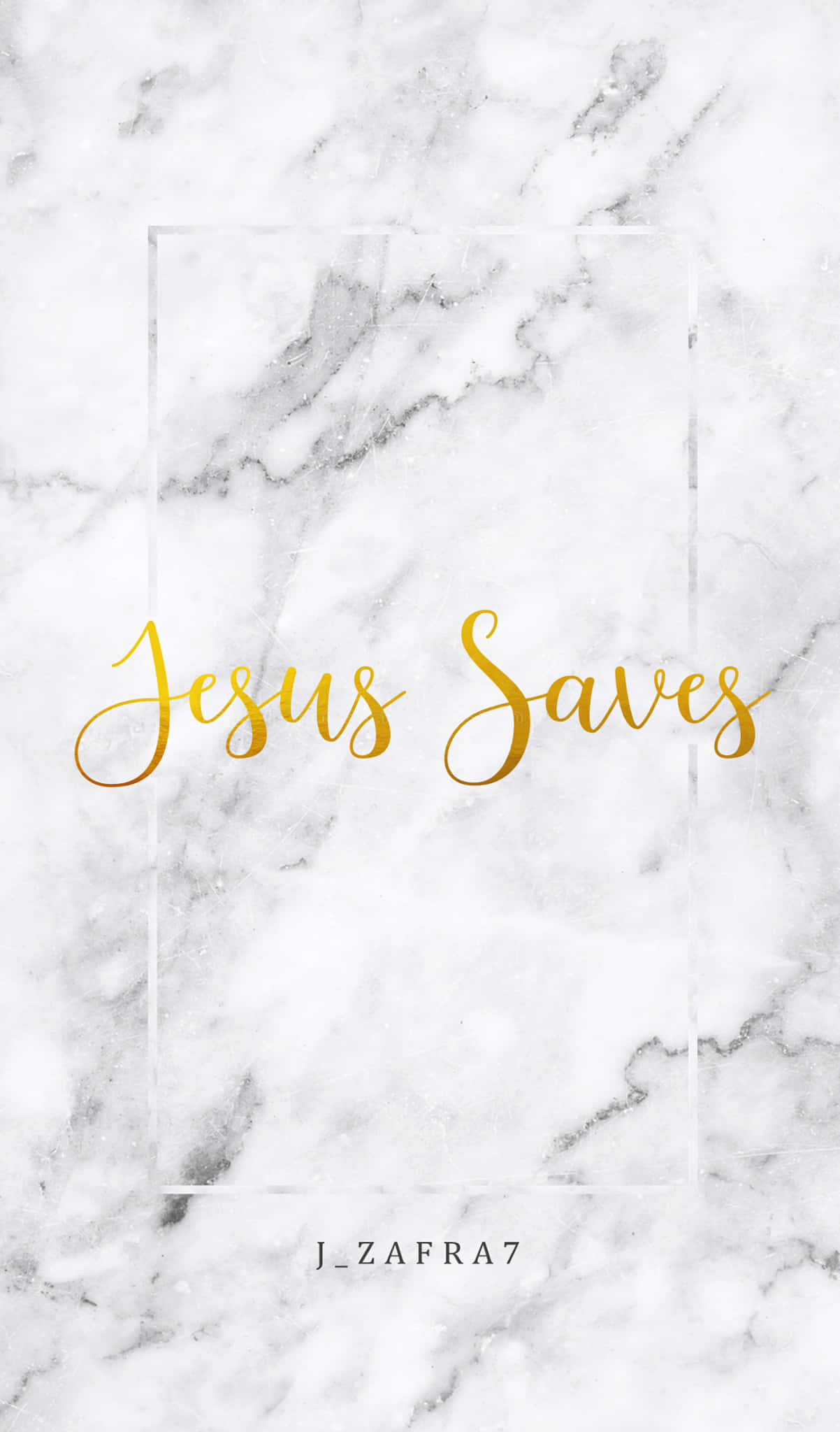 Jesus Saves 桌布 壁紙 — 優雅的白色大理石背景，金色草書文字寫著 Jesus Saves，位於一個薄白色框架內。