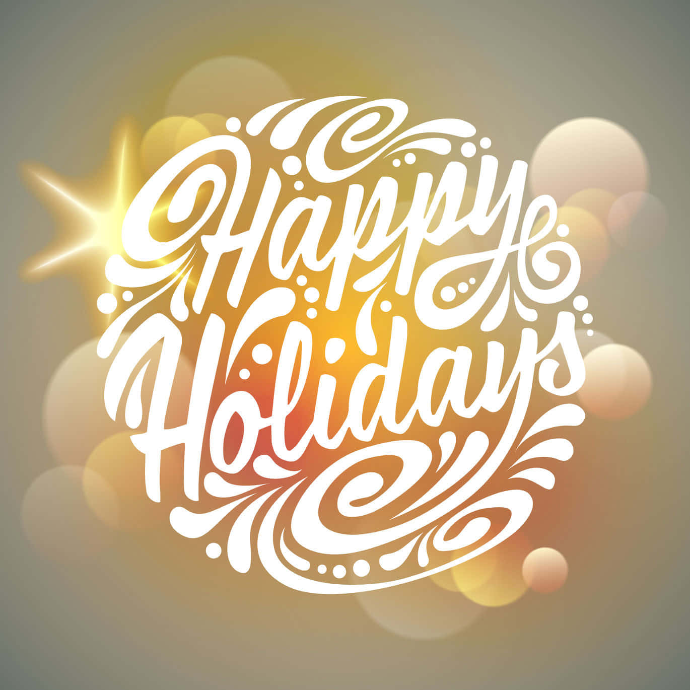 Happy Holidays 桌布 壁紙 — 優雅的白色書法 'Happy Holidays' 文字，帶有節日漩渦，在溫暖的散景背景上閃耀著金色星爆。