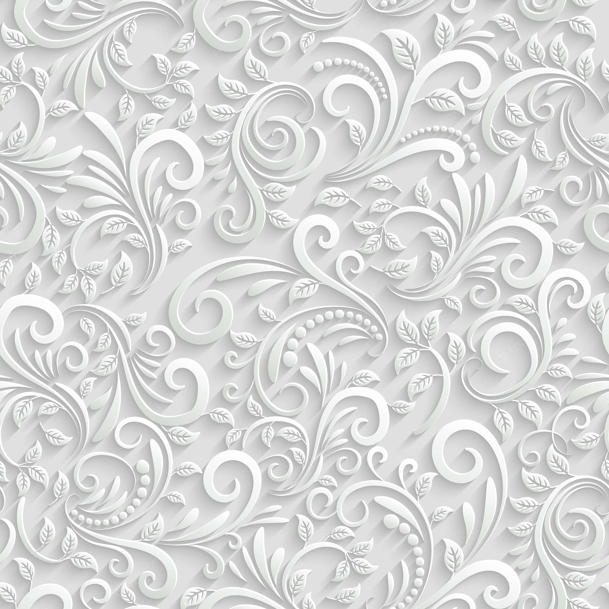 Floral Pattern 桌布 壁紙 — 優雅的白色紙雕花卉漩渦，搭配葉子和圓點，營造出奢華的壓紋壁紙質感。