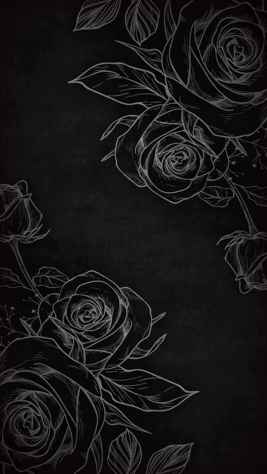 Roses 桌布 壁紙 — 優雅的白色線條繪製玫瑰在紋理深炭灰色背景上綻放，呈現極簡構圖。