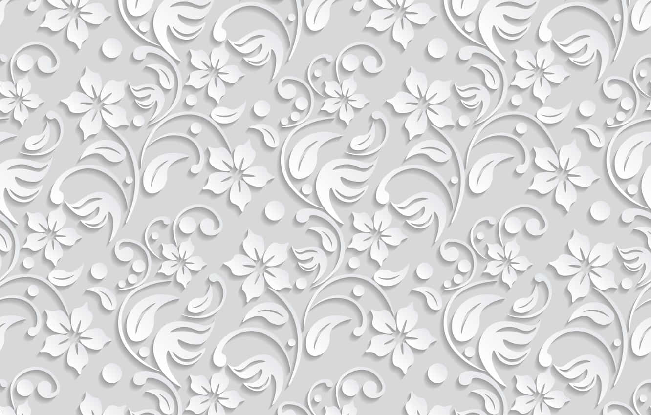 White Pattern 桌布 壁紙 — 優雅的白色花卉和藤蔓圖案，在淺灰色背景上帶有柔和陰影，營造出精緻的紋理壁紙。
