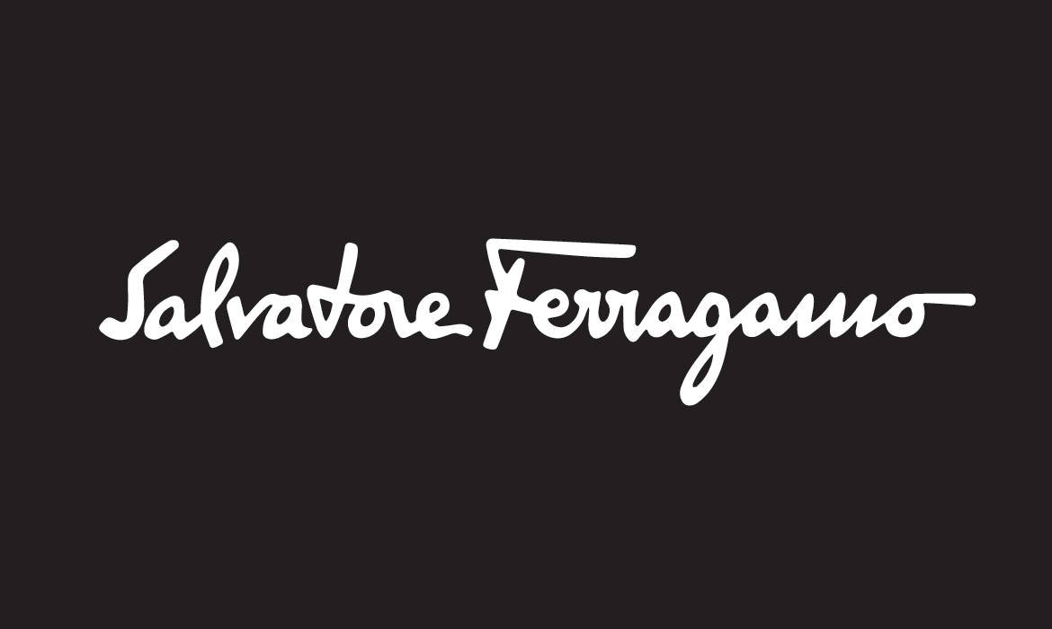Ferragamo 桌布 壁紙 — 優雅的白色草書Salvatore Ferragamo標誌置中在純黑色背景上。
