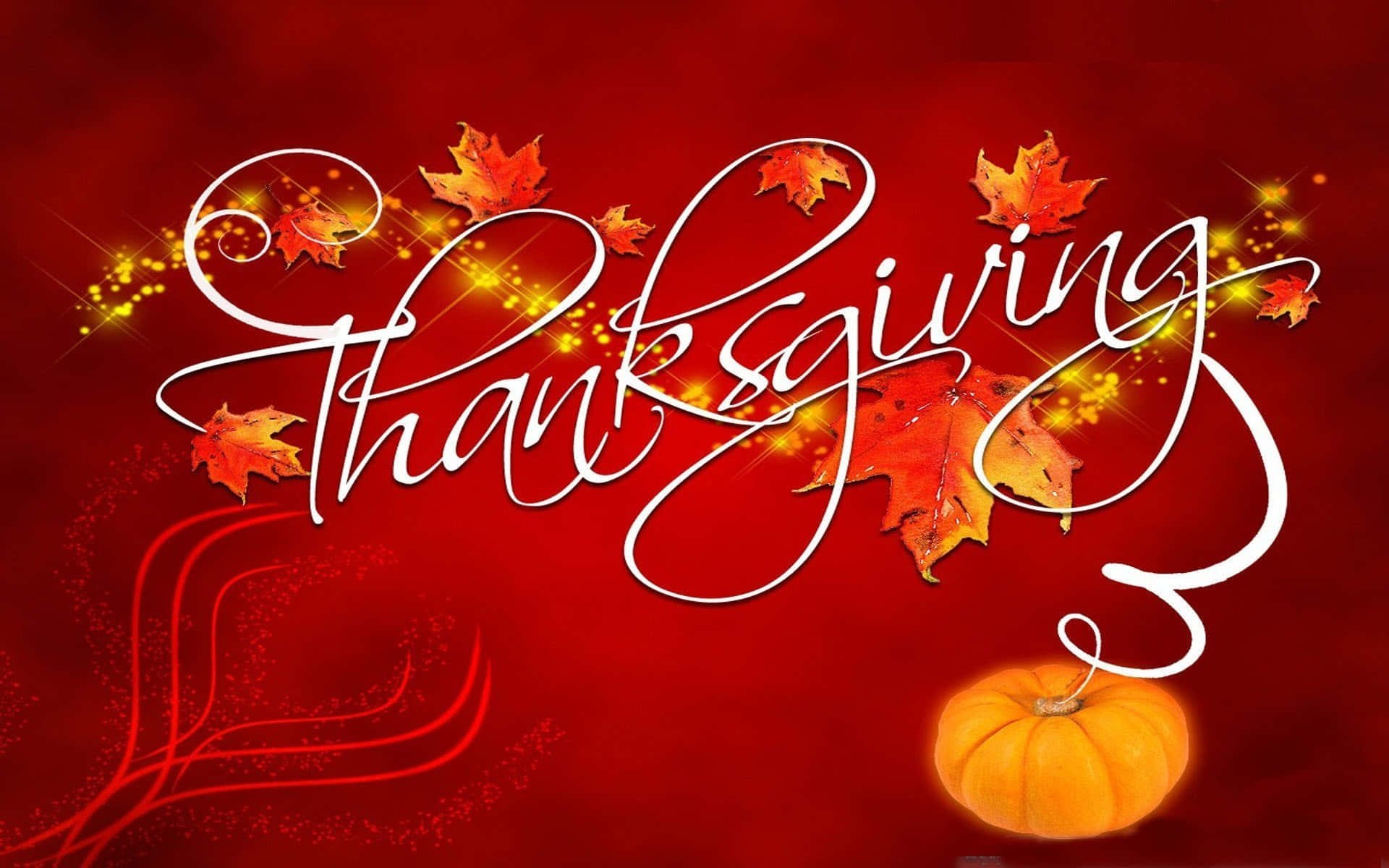 Beautiful Thanksgiving 桌布 壁紙 — 優雅的白色草書感恩節文字，飾以發光的秋葉和南瓜，背景為濃郁的紅色。