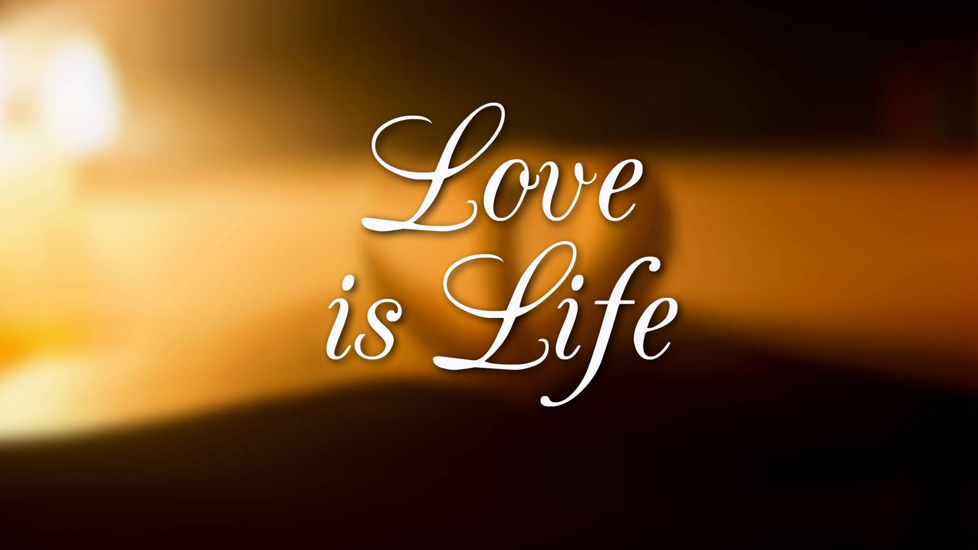 愛情語錄 桌布 壁紙 — 優雅的白色草書文字 'Love is Life' 在溫暖的金色模糊背景上發光。