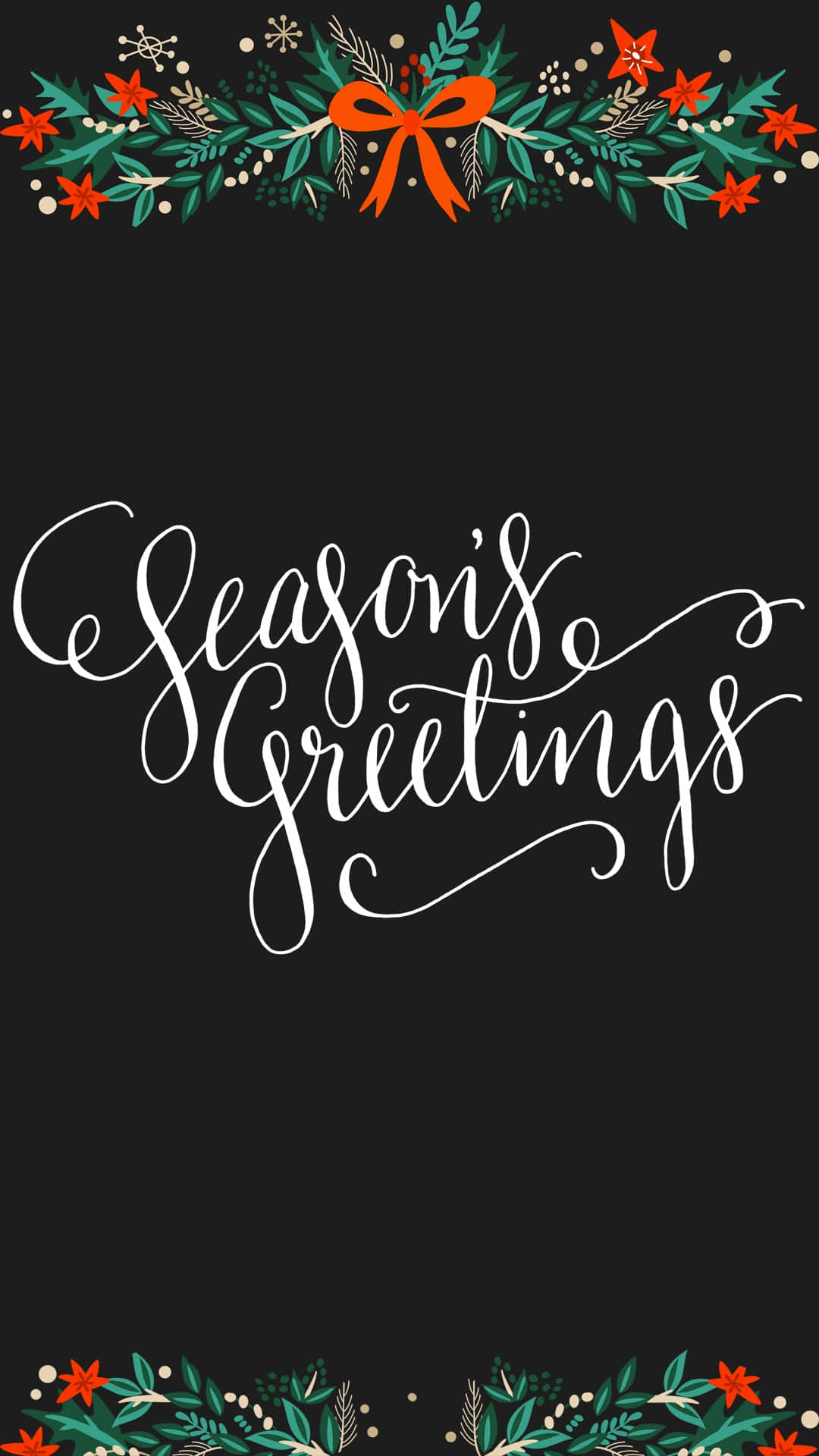 Greetings 桌布 壁紙 — 優雅的節日壁紙，以節日綠色植物和紅色星星框住黑色背景上的優雅白色草書文字。