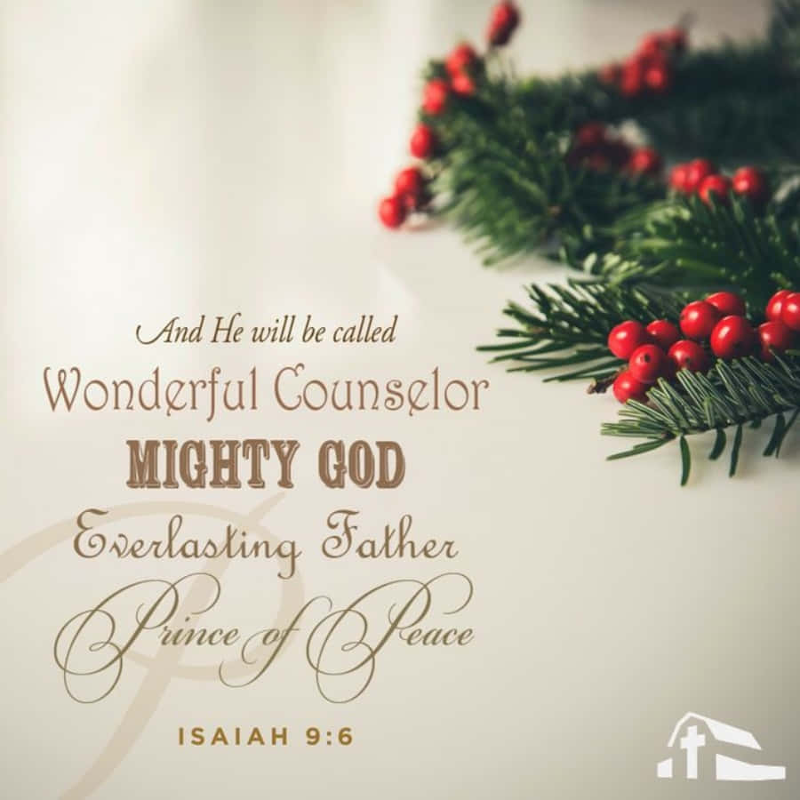 Christmas Scripture 桌布 壁紙 — 優雅的節日經文文字疊加在柔和的背景上，帶有節日綠色松樹和紅色漿果。