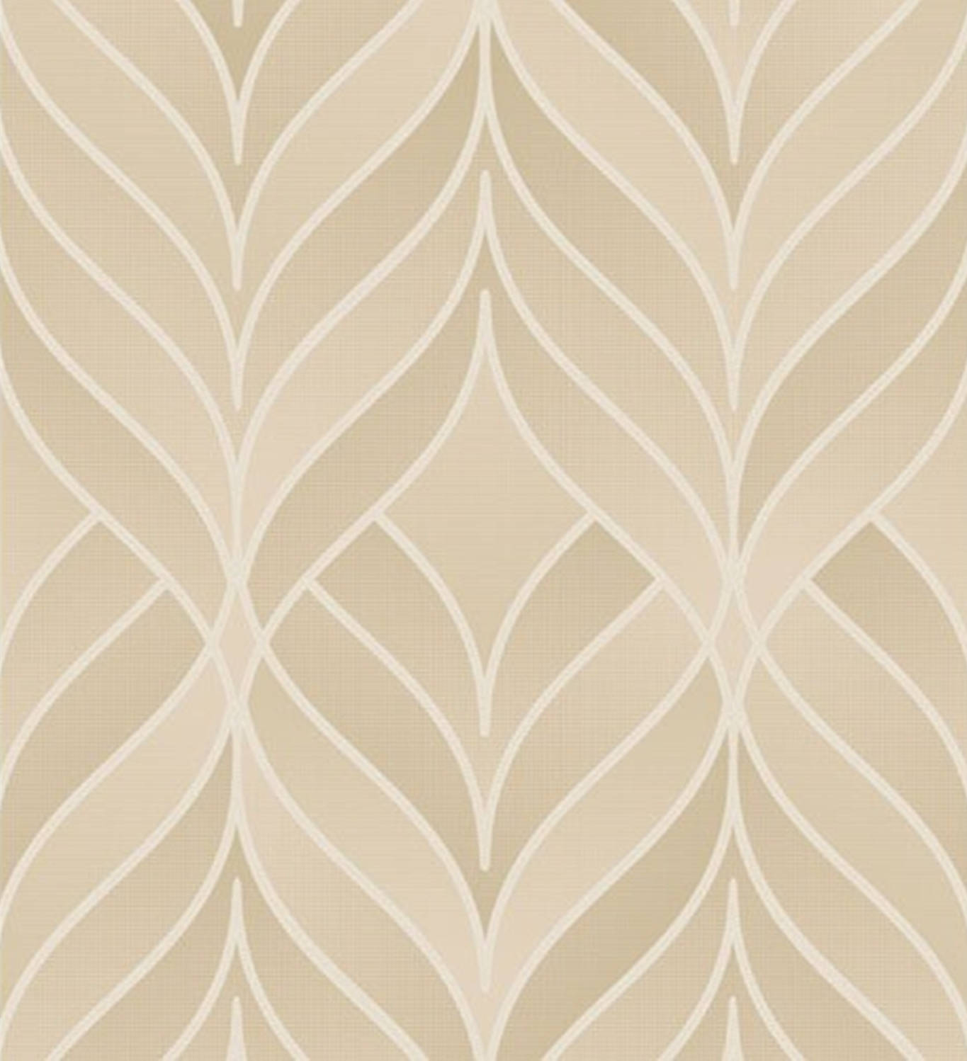 Interior Design 桌布 壁紙 — 優雅的米色壁紙，帶有重複的白色風格化葉子圖案，呈對稱幾何圖案。
