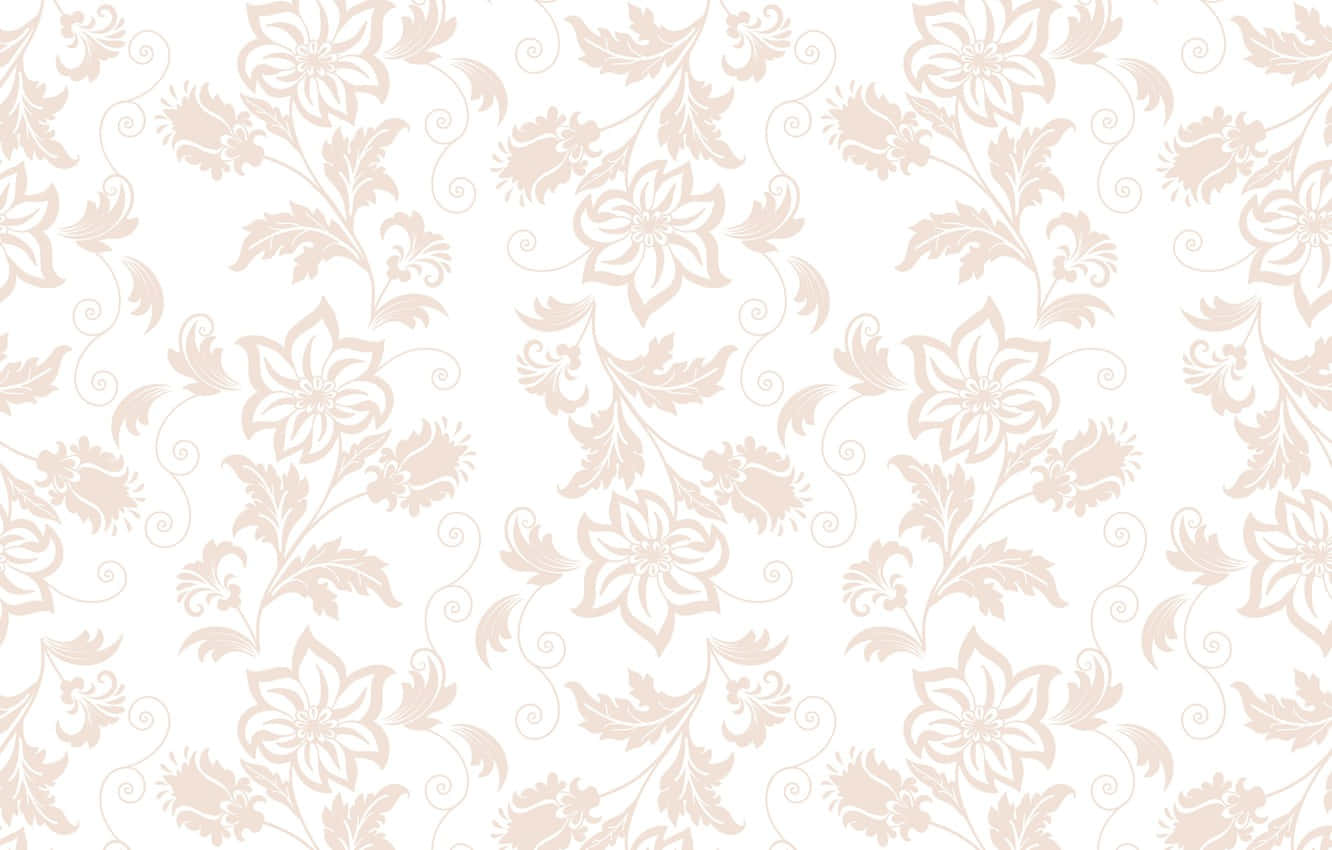 seamless 桌布 壁紙 — 優雅的米色花卉藤蔓帶有旋轉卷鬚，在柔軟的白色背景上重複經典的大馬士革圖案。
