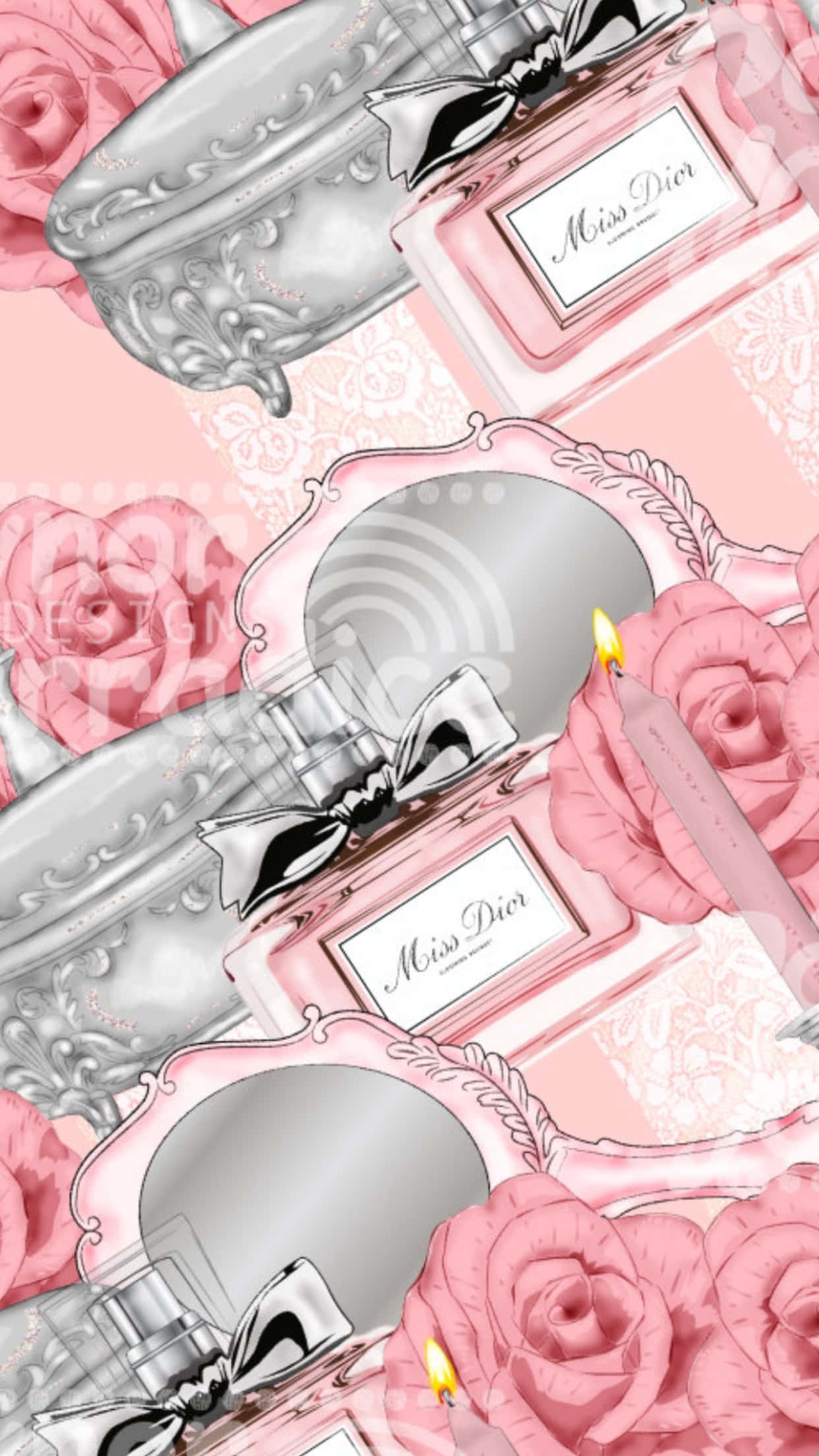Pink Dior 桌布 壁紙 — 優雅的粉紅和銀色 Miss Dior 香水瓶， nestled 在茂盛的玫瑰和華麗的鏡子之間，背景是柔和的粉紅色。