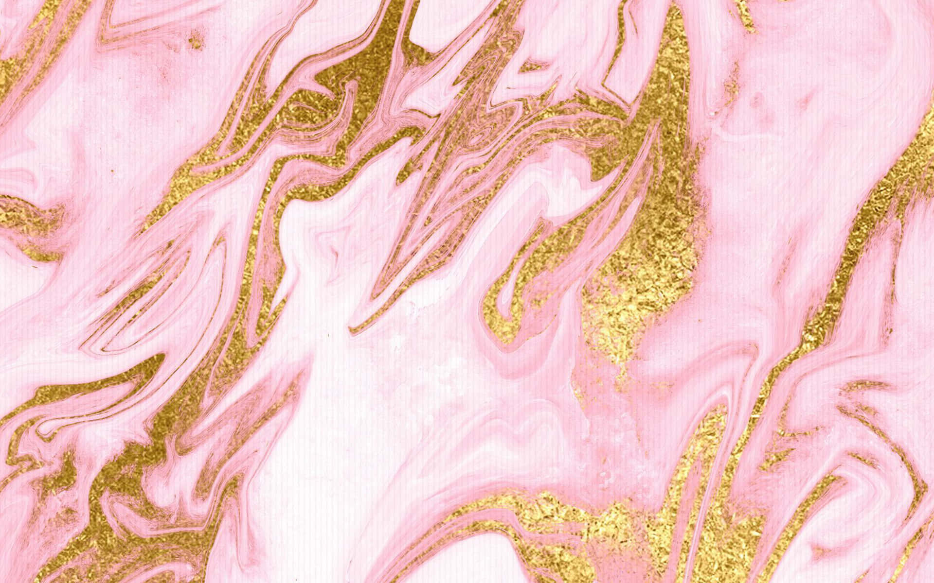 Rose Gold Desktop 桌布 壁紙 — 優雅的粉紅與金色大理石漩渦紋理，搭配閃爍金屬光澤，襯以柔和白色背景。