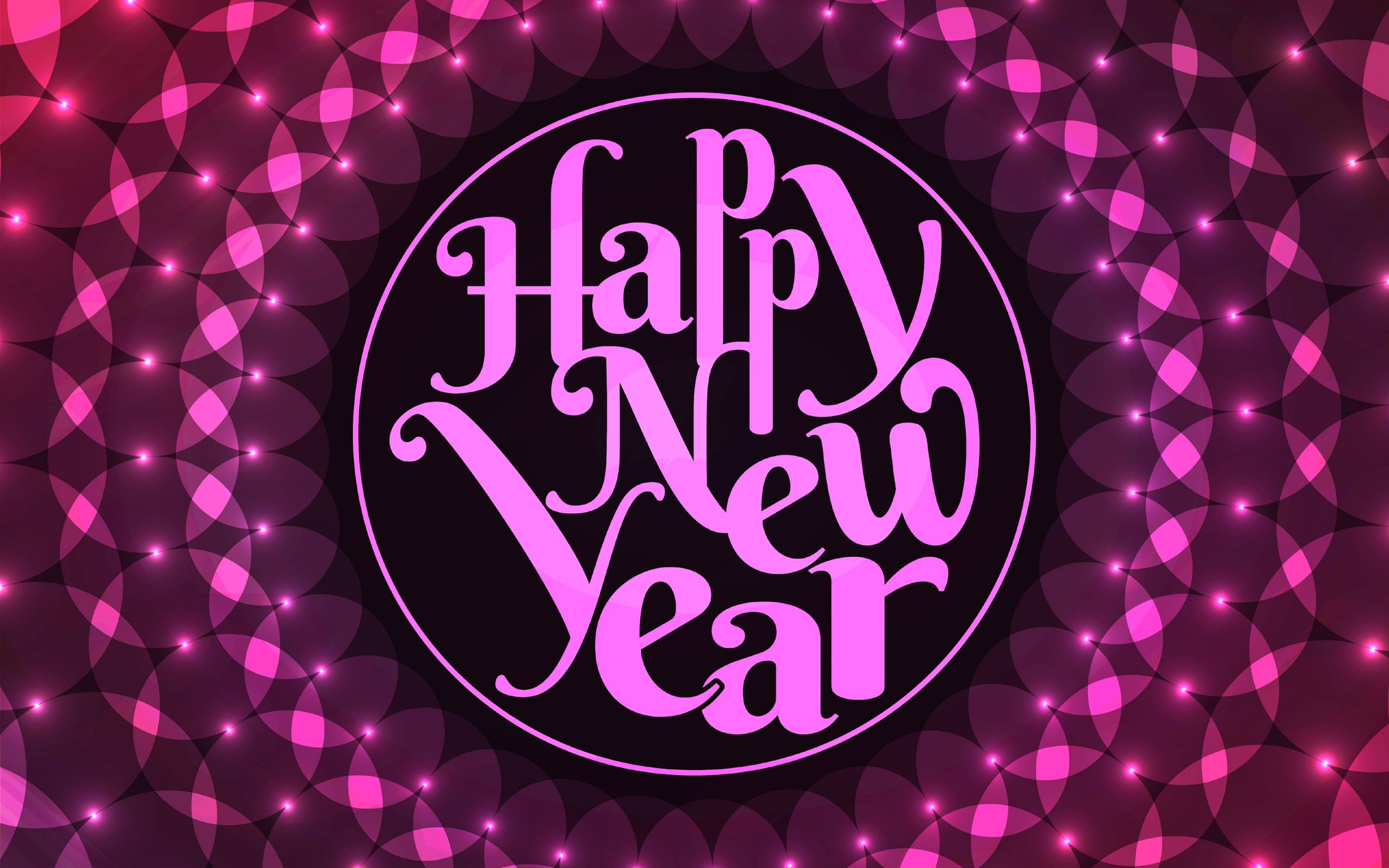 New 桌布 壁紙 — 優雅的粉紅色 'Happy New Year' 文字在閃爍的幾何背景中的圓圈內發光。