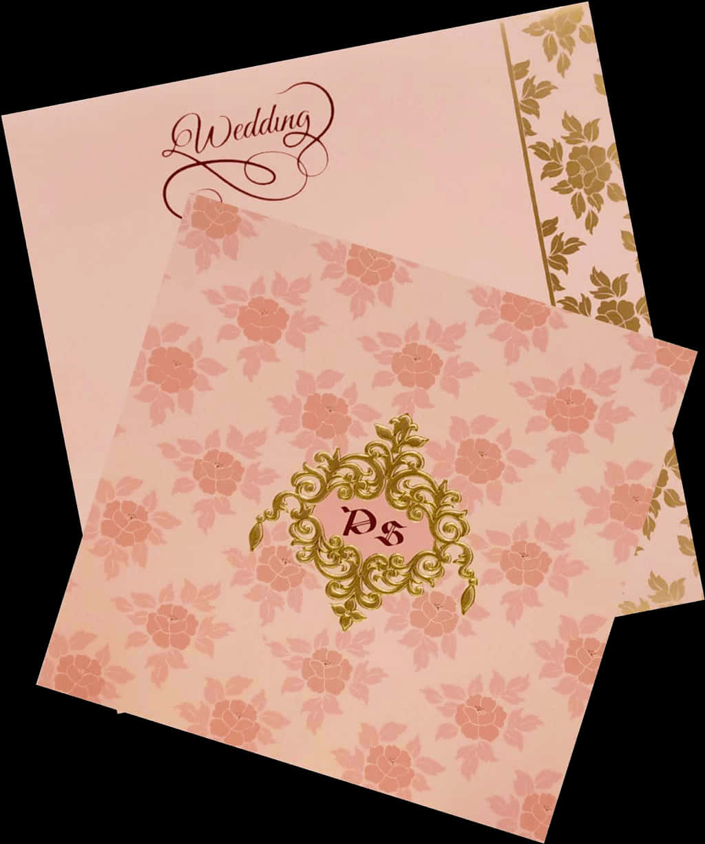 Marriage 桌布 壁紙 — 優雅的粉紅色婚禮邀請函，帶有金色花卉圖案和華麗的字母組合，背景為黑色。