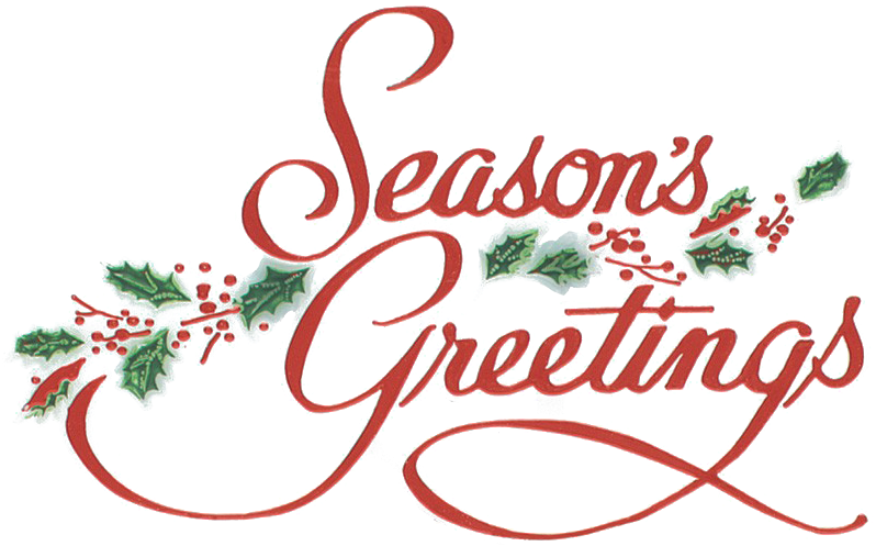 Greetings 桌布 壁紙 — 優雅的紅色草書文字寫著 Seasons Greetings，飾以綠色冬青葉和紅色漿果，背景為黑色。