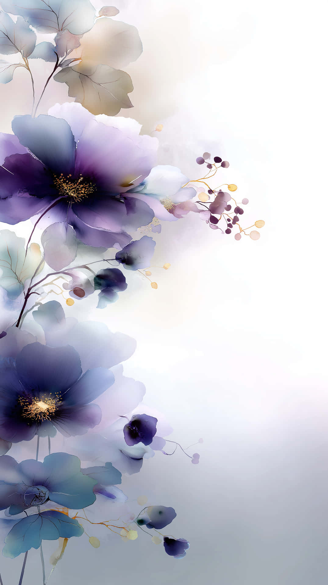 Delicate Watercolor Floral Arrangement with Soft Hues 壁紙 — 優雅的紫色和藍色花朵，金色花心，在柔和的漸變背景上優雅綻放。
