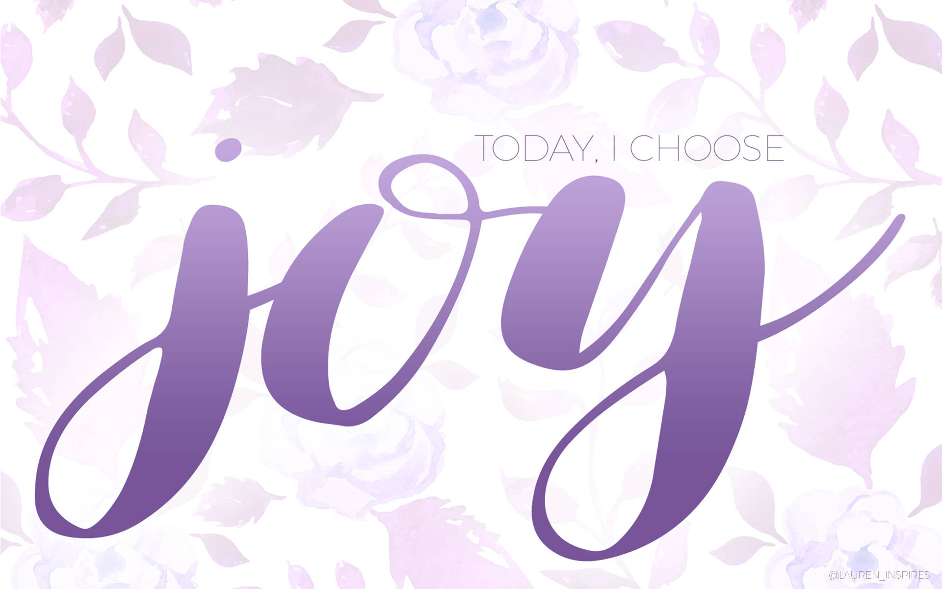 Joy 桌布 壁紙 — 優雅的紫色手寫字體在柔和的薰衣草花卉背景上，搭配精緻的葉子，呈現出「喜悅」二字。
